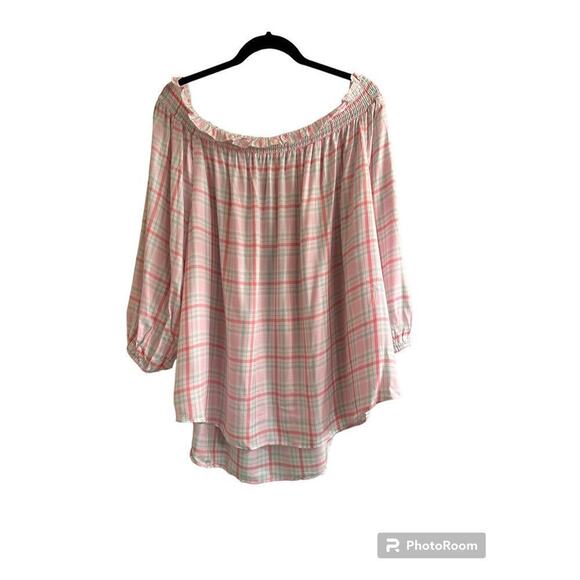 Tommy Hilfiger Women’s Windowpane Plaid Soft Flowy Off the Shoulder Blouse Sz 2X - Picture 2 of 9